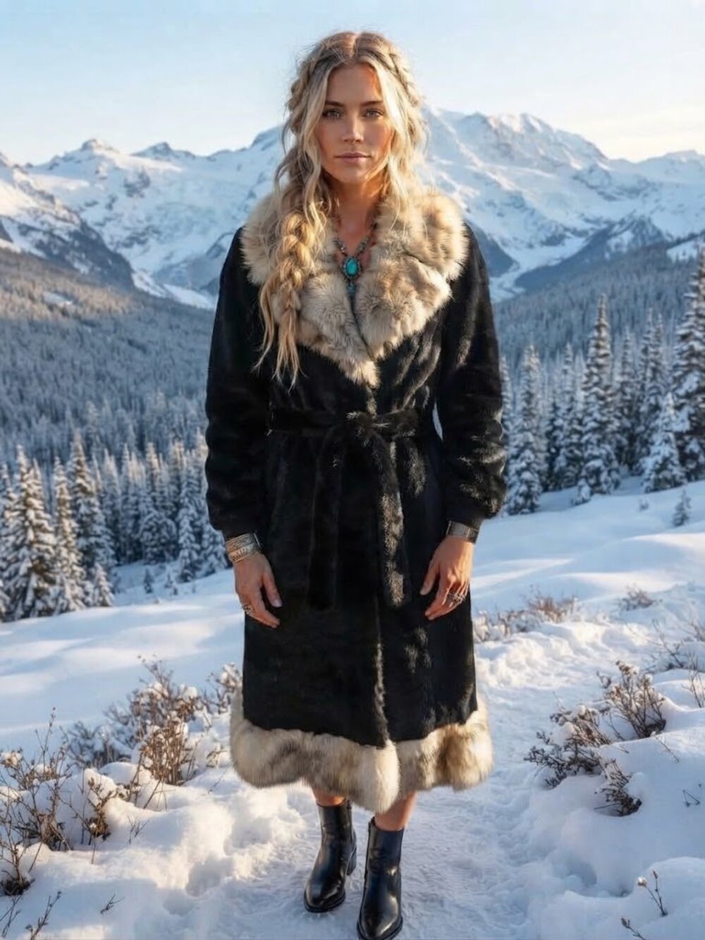 Vintage Black Mink Fur Coat with Fox Fur Collar & Hem Trim